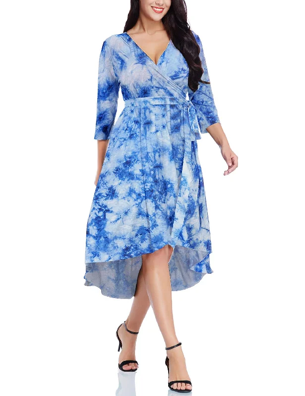 Blue Tie-Dye High-Low Plus Size Wrap Skater Dress