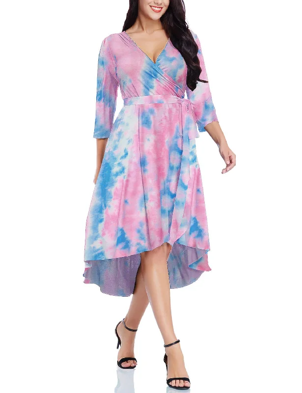 Pink Tie-Dye High-Low Plus Size Wrap Skater Dress