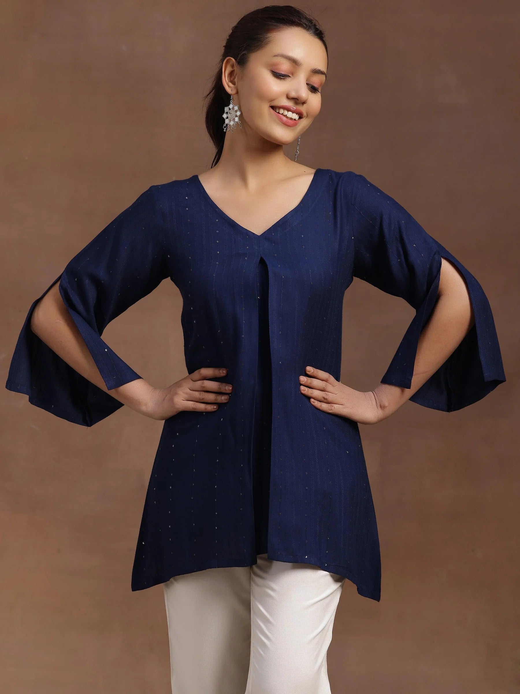 Blue Embellished A Line Straight Kurti