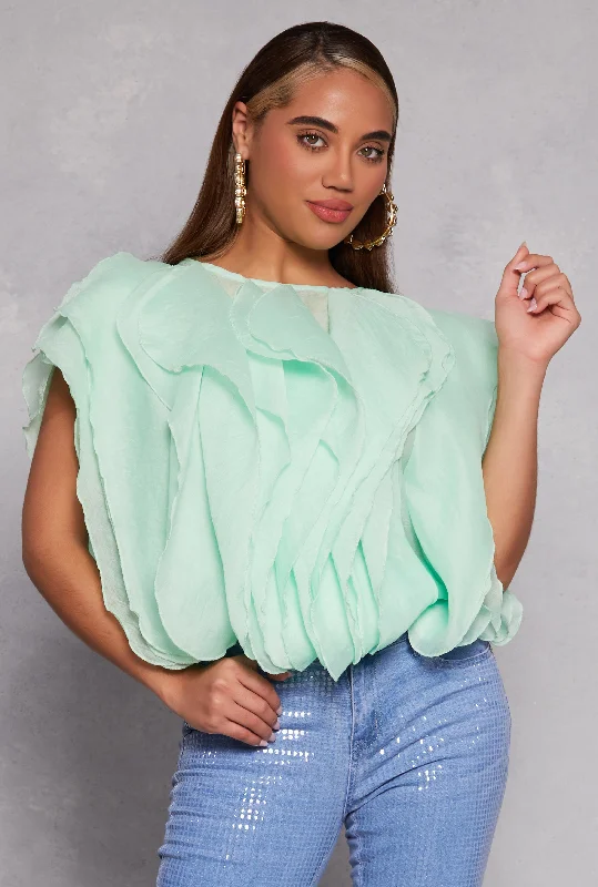 Organza Ruffled Tie Back Keyhole Blouse