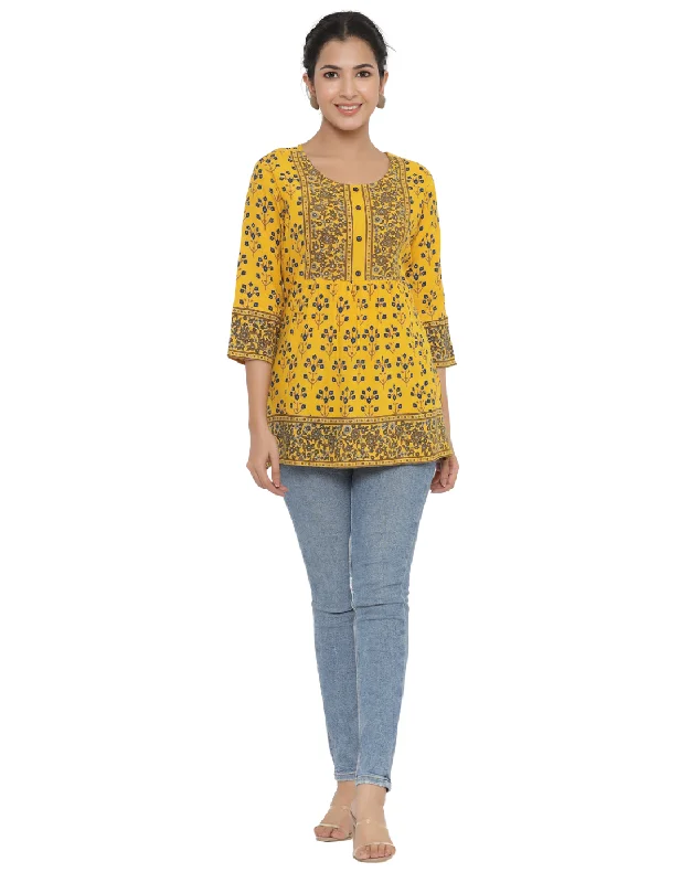 Mustard Floral Printed Short Kurti