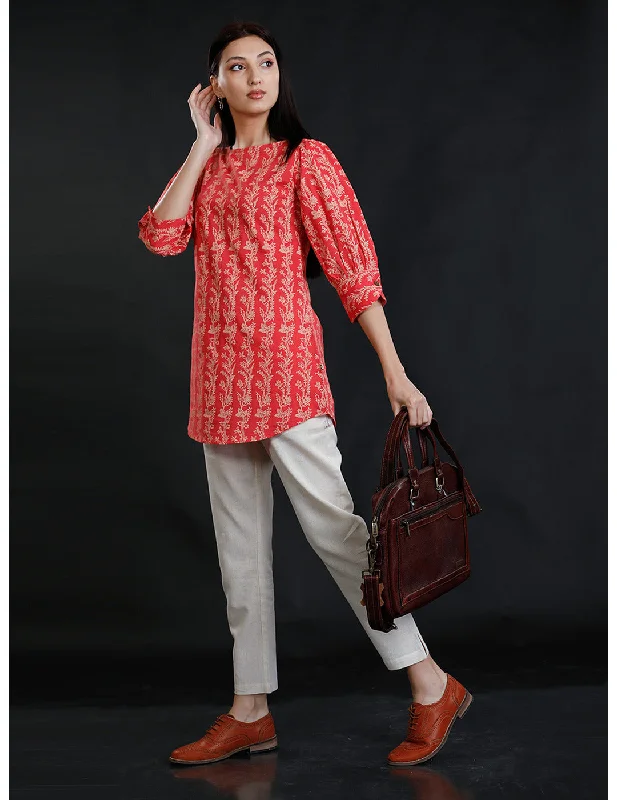 Red Cotton Balloon Sleeve Tunic