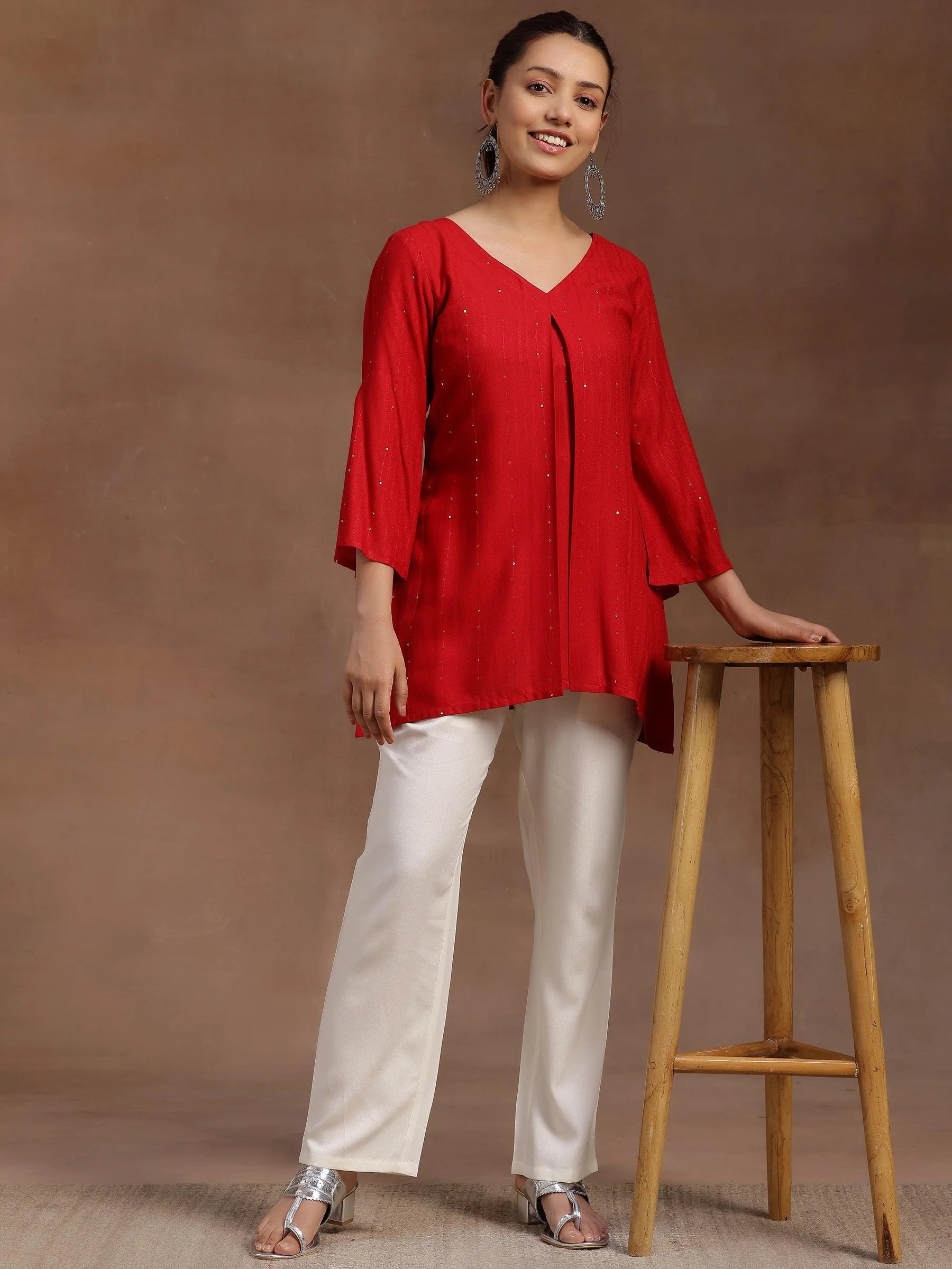 Red embellished A line straight kurti