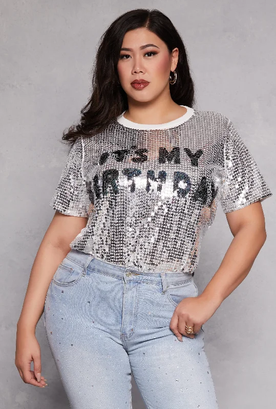 Plus Size Its My Birthday Sequin Top