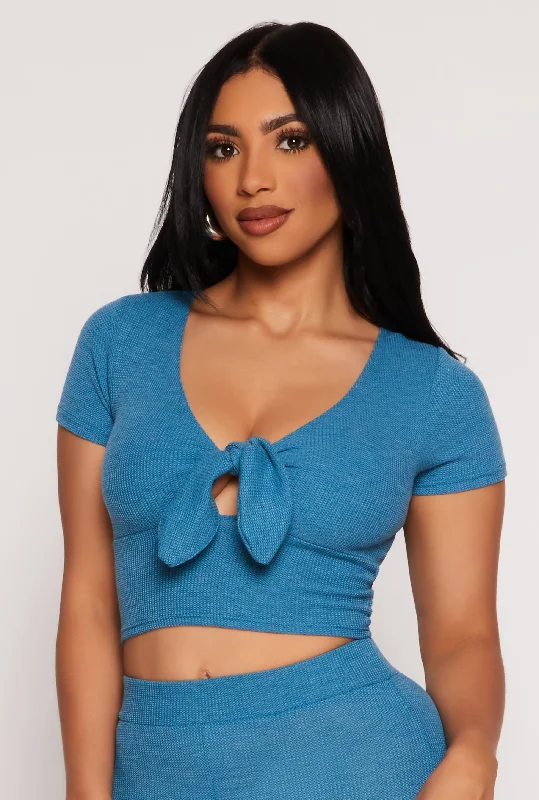 Waffle Knit Tie Front Crop Top