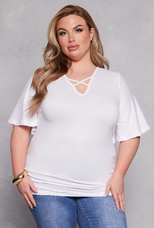 Plus Size Criss Cross V Neck Flutter Sleeve Top