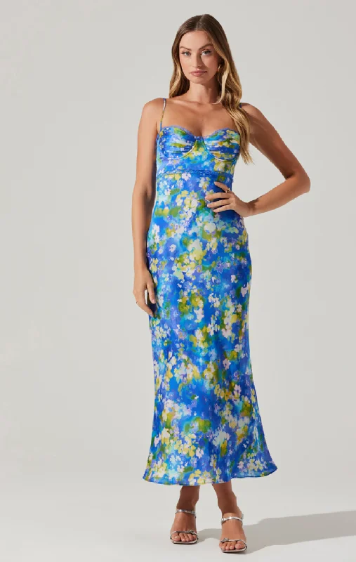 Florianne Satin Maxi Dress - Blue Yellow Abstract