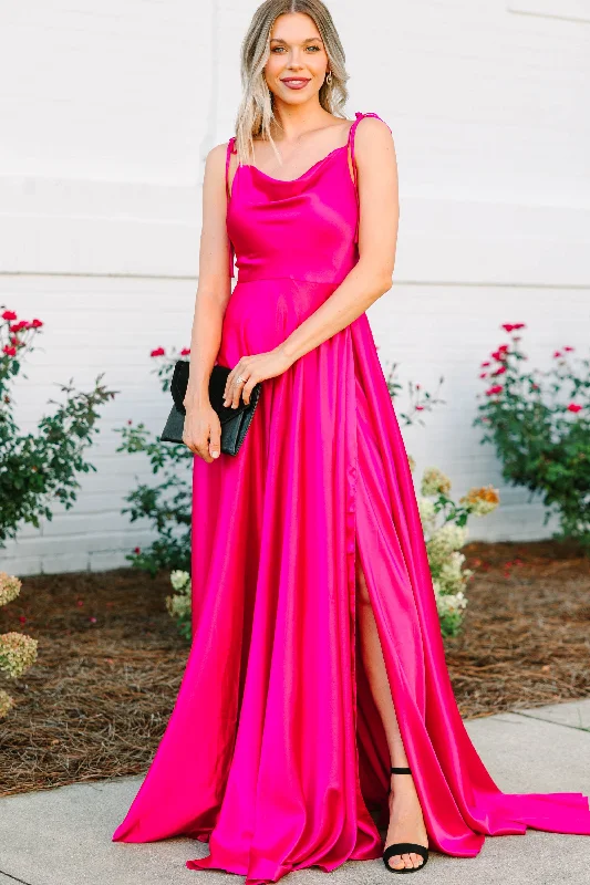 Steal The Show Fuchsia Lipstick Pink Satin Maxi Dress