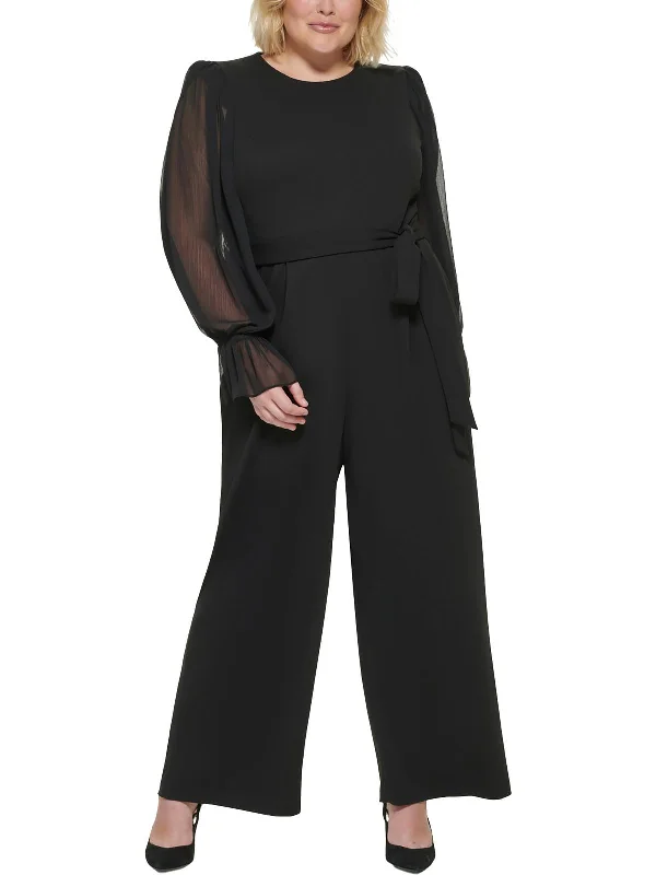 Plus Womens Belted Sheer Sleeves Jumpsuit